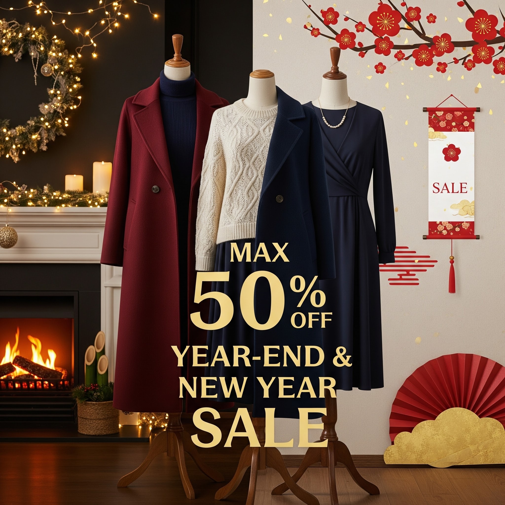 構図: 30代の女性が着るような、上品でトレンド感のある冬物ファッション（コート、ニット、ワンピースなど）が中央に配置されている。

要素:

背景の左半分にクリスマスの要素（暖炉、上品なオーナメント、優しい光のイルミネーションなど）。

背景の右半分に年末年始の要素（和モダンな梅のモチーフ、シックな「SALE」の文字が入った掛け紙のようなデザイン、ゴールドや赤の差し色など）。

お得感: 中央に「MAX 50% OFF」や「YEAR-END & NEW YEAR SALE」といった文字が、華やかで目を引くフォントでデザインされている。

色合い: 深みのあるボルドー、ネイビー、ゴールド、そして暖かみのあるアイボリーを基調とした、上品で大人っぽい華やかさを意識。　のイメージを作って欲しい